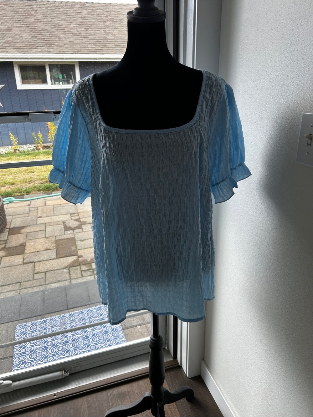 SHEIN Light Blue Smocked Square-Neck Puff Sleeve Top